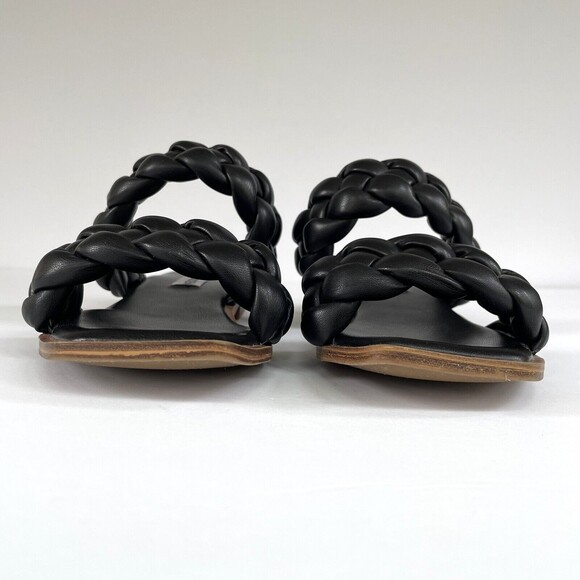 Steve Madden‎ Black Braided Open Toe Slides Flats Sandals Vegan Faux Leather - Picture 5 of 16